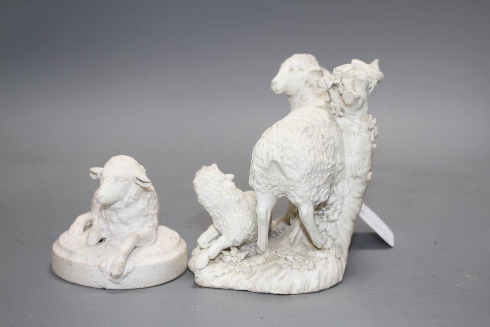 A Derby biscuit porcelain group of a ewe and lamb, late 18th century and a similar figure a recumbent ewe, c.1810-30, H. 11 and 6.5cm